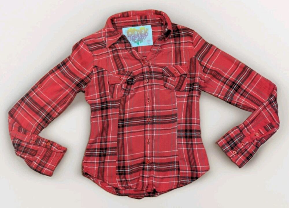 Y2K Derek Heart Red Plaid Flannel Shirt Womens XS Grunge Punk Emo Ruched Fitted